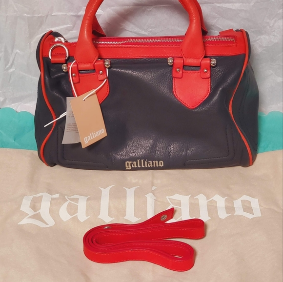 RARE! JOHN GALLIANO BLACK RED LEATHER BOSTON/BOWLING BAG NEW WITH/ TAG FULL SET - Picture 1 of 12